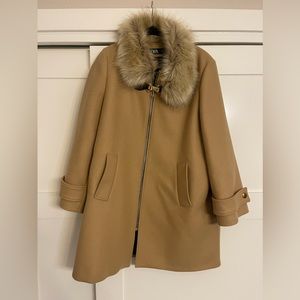 Zara A-line Italian wool coat with faux fur collar